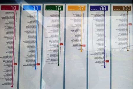 Bus routes hanging on the wall of a bus stop in Tel Aviv.