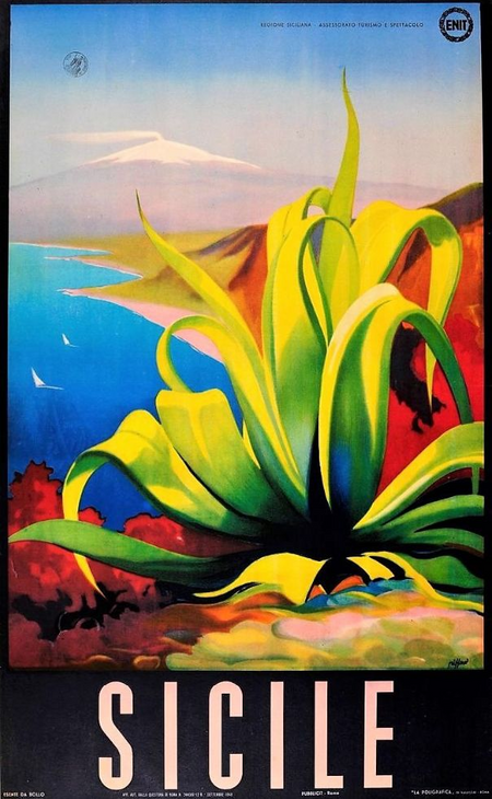 Old touristic poster of Sicilia.  Etna at the background.
