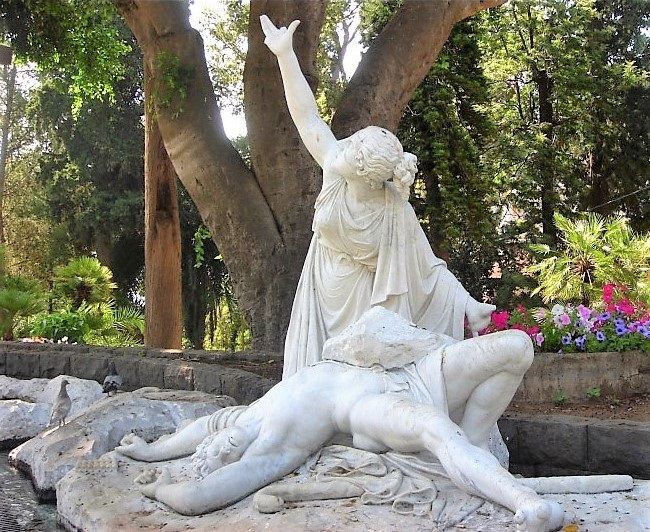 Sculptural portrait of Aci and Galatea at Villa Belvedere, Acireale.