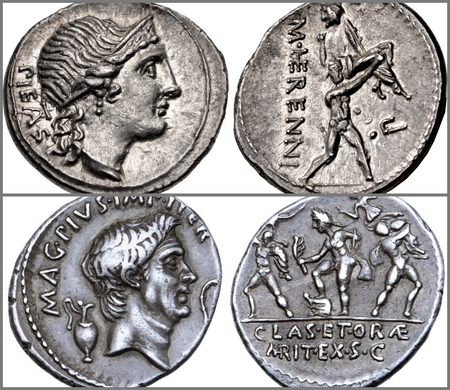 Roman coins depicting Pii Fratres. 108-107 BC (top) & 42-40 BC (bottom).