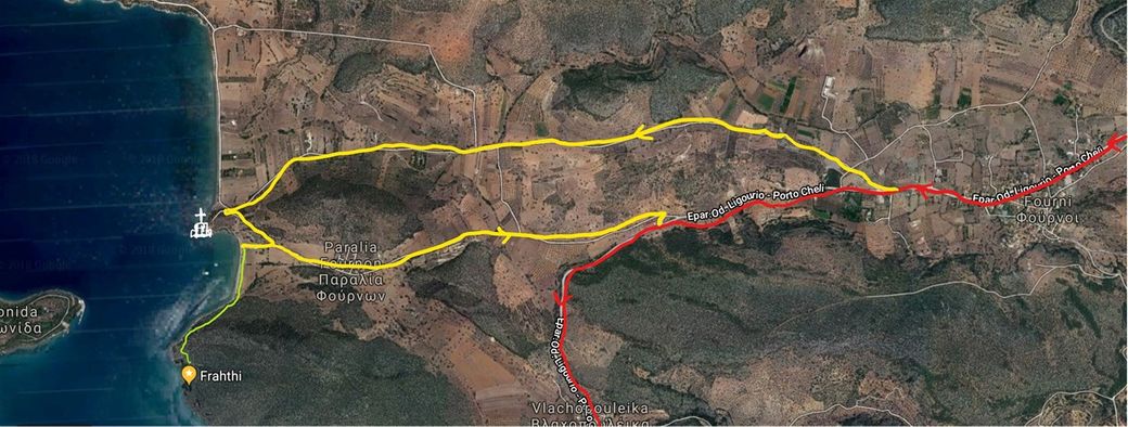 The detour to visit Franchthi (Frahthi) cave.  The red line shows the main road to Porto Cheli. The yellow line shows the detour to vist the cave, and the green line shows the part of the path that has to be done on foot.