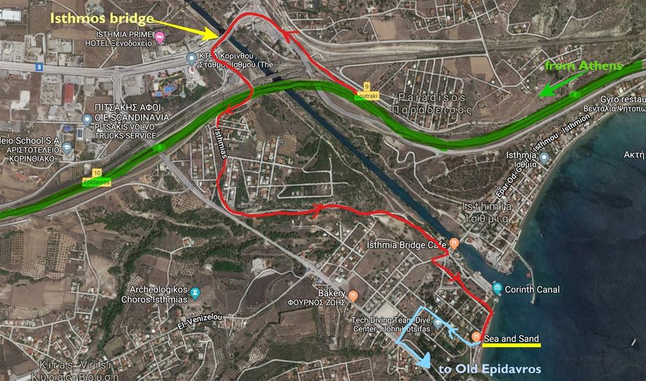 The eastern part of the Corinth canal (Isthmia).  The red line shows the road one has to follow after exiting the highway to visit the Isthmos bridge and then 