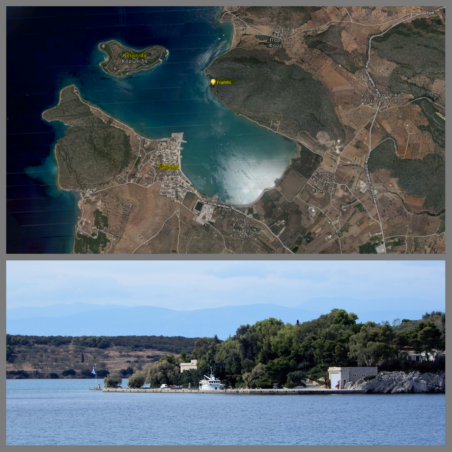 Map of the small Kilada bay, the prehistoric cave and the private island of Koronida (top). Koronida island (bottom).