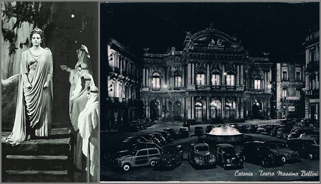 Maria Callas as Norma in Teatro Massimo Bellini (left).  On the right, the theater in the 50s.