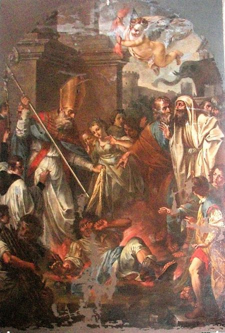 Saint Leo Thaumaturgo defeats the wizard Eliodoro. Oil on canvas of the XVIII century by Matteo Desiderato. Mother Church of Santa Maria di Licodia.