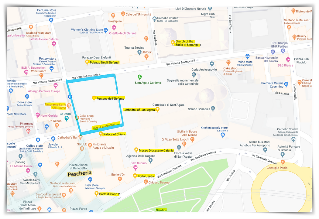 Piazza del Duomo (in blue) with main attractions (in yellow). The cloudy blue area south west of the Piazza is the Pescheria.
