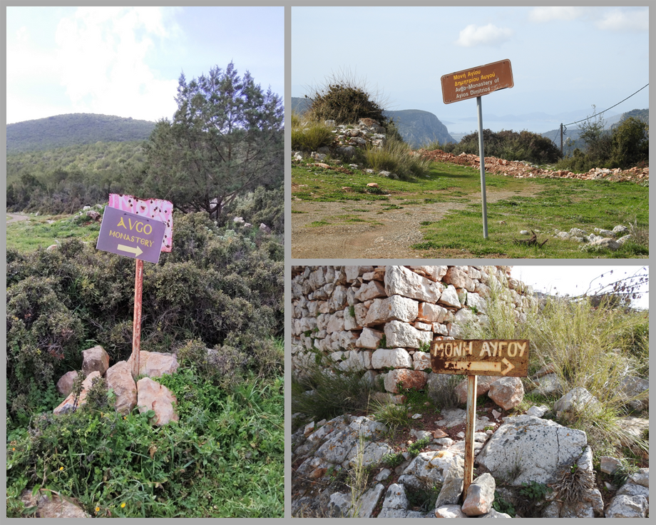 Road signs to Avgou (Avgo) Monastery.  The picture at the top right shows the 