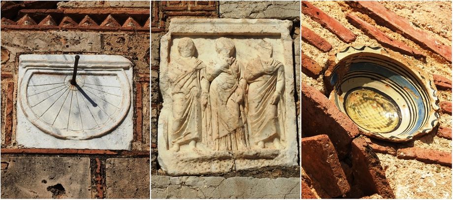 Decorative details (inlays) on the external walls of the Merbaka church: a sundial, an ancient marble headstone and proto-maiolica cup.