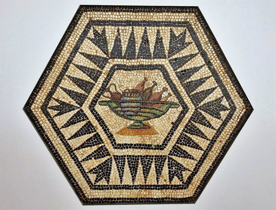 A rare motive of a mosaic celebrating the gastronomic pleasures.