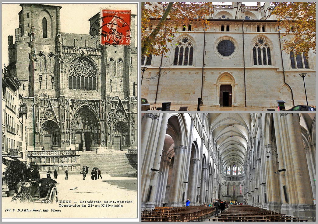 Vienne Cathedral. An old postcard (left), the side door (top right) and inside the cathedral (bottom right).