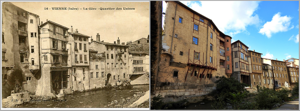 The neighbourhood on the left bank of Gere River, next to the Pont-Saint-Martin, now and then.