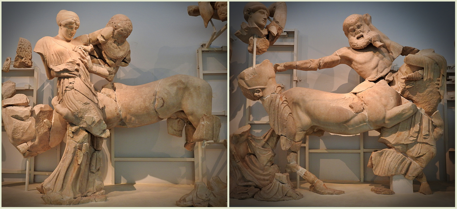The battle of the Centaurs of the western pediment of the Temple of Zeus, centered on God Apollo.
