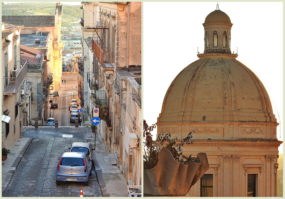 Via Vincenzo Gioberti (left). The dome of Noto Cathedral (right).