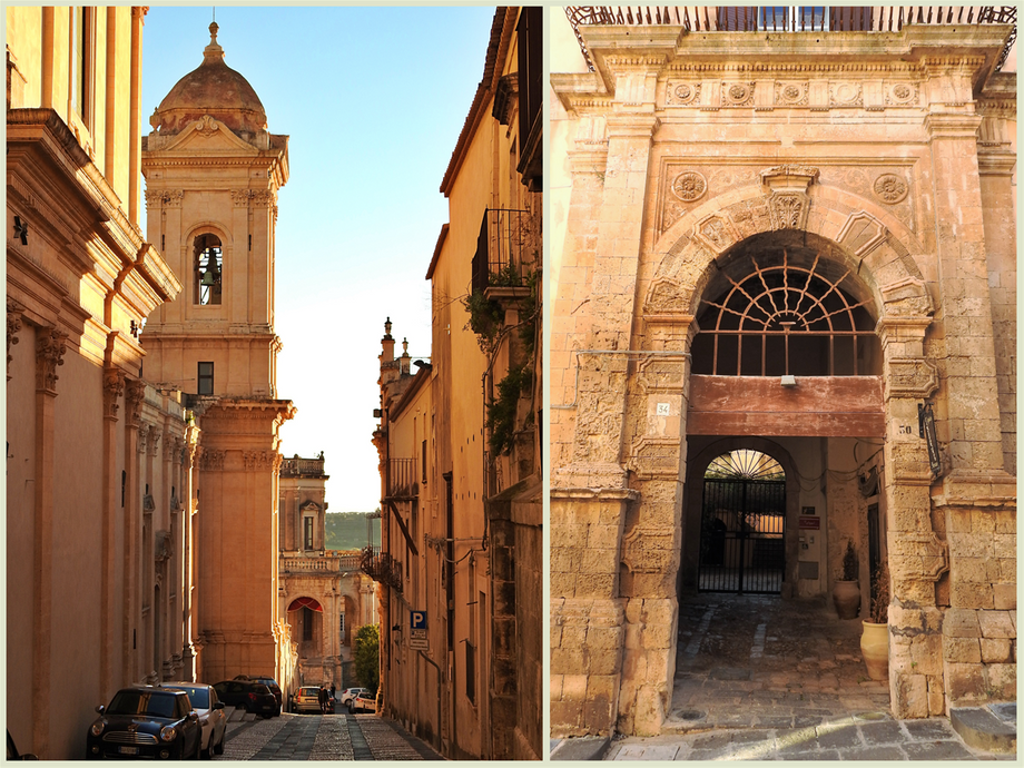 Via Rinaldo Montuoro (left). The entrance to Palazzo Battaglia on Via Rocco Pirri (right).