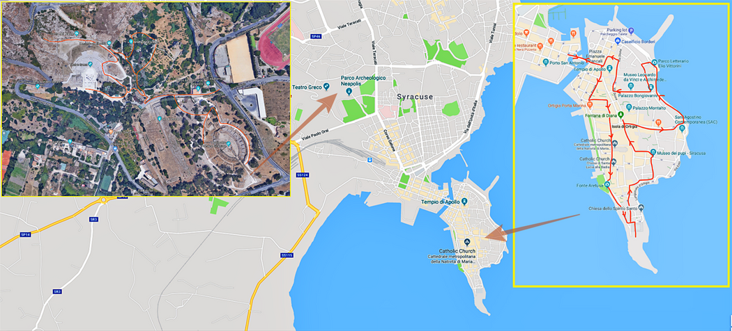 Suracuse on the map. Left inset: Parco Archeologico Neapolis. Right inset: island of Ortygia.