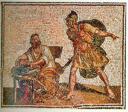Archimedes before his death with the Roman soldier (Roman mosaic from the 2nd century).