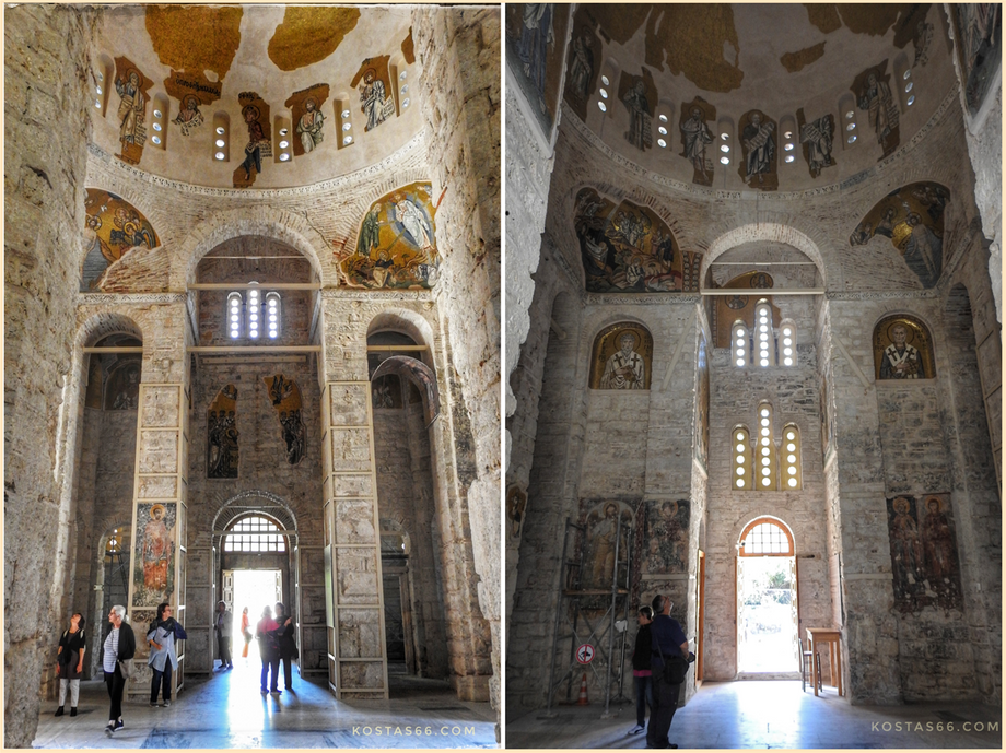 The interior of the catholicon. The west entrance (left) & the south entrance - exit into the main courtyard (right).