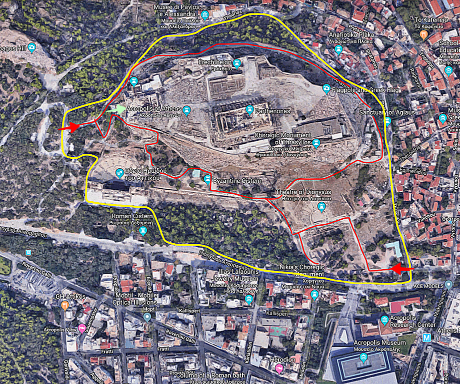 The yellow line shows the limits of the archaeological site of Acropolis.  The red line shows my proposed path, which includes most monuments. The two red arrows show the entrances to the site, while the light green one the entrance to the sacred rock.