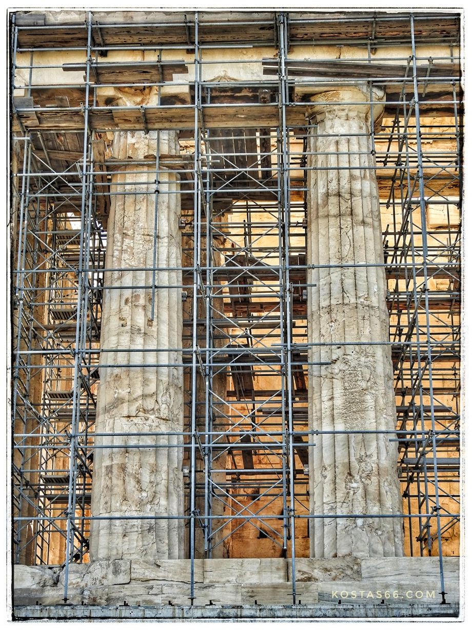 The west side of the Parthenon under scafolding.