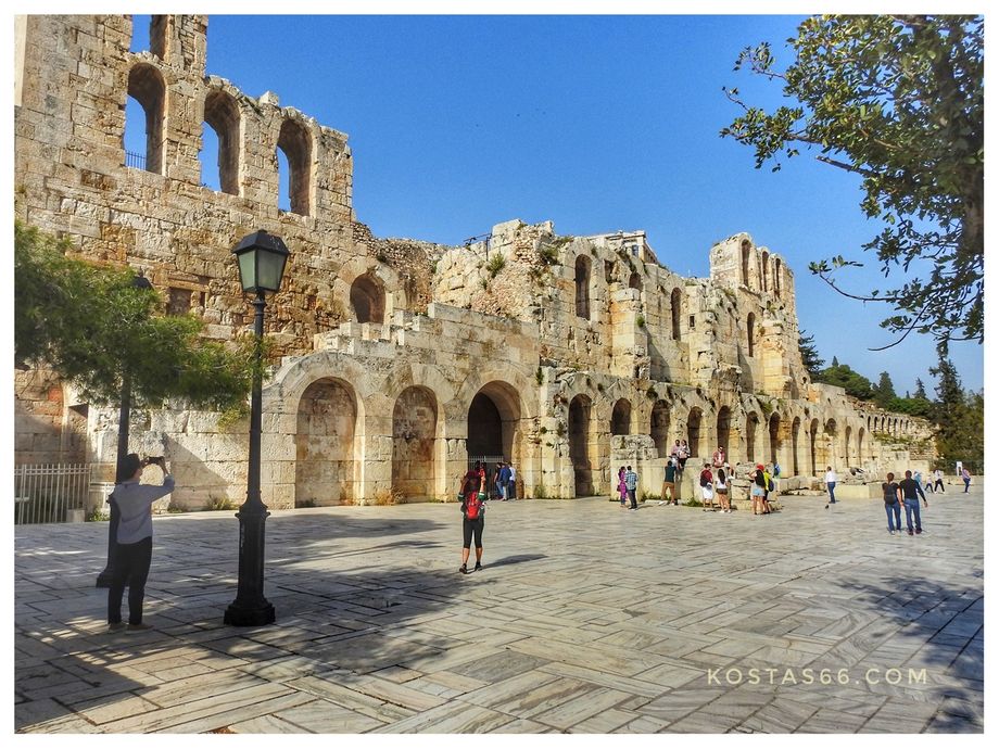 The front (entrance) of the Odeon of Herodes Atticus.  This part is outside the archeological site of the Acropolis and can be accessed free of charge at any time of the day. This is the entrance to the Odeon for the shows staged here during the summer months.
