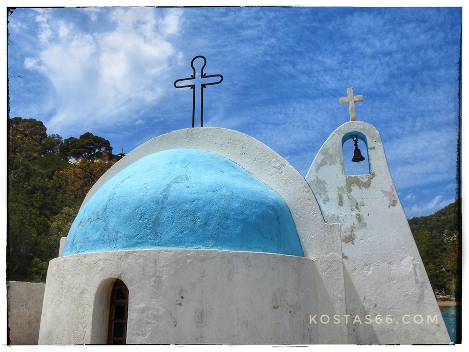 The Agios Nikolaos chapel on the shores of Vouliagmeni Lake.