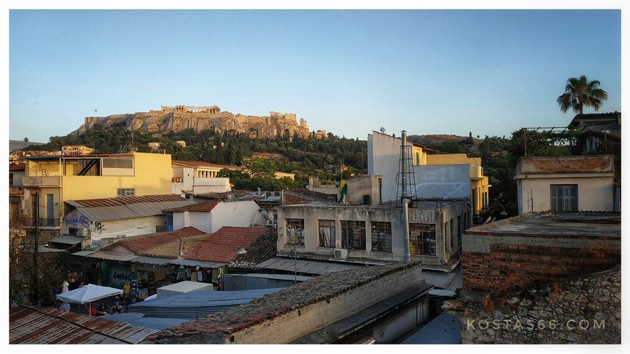 The south Acropolis slope seen from Cafe Avissinia (Avissinia Square, Monastiraki).