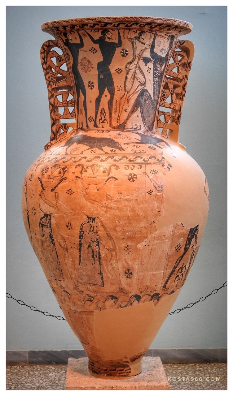 Funerary Proto-Attic Amphora with a depiction of the blinding of Polyphemus by Odysseus and his companions (670-660 BC).