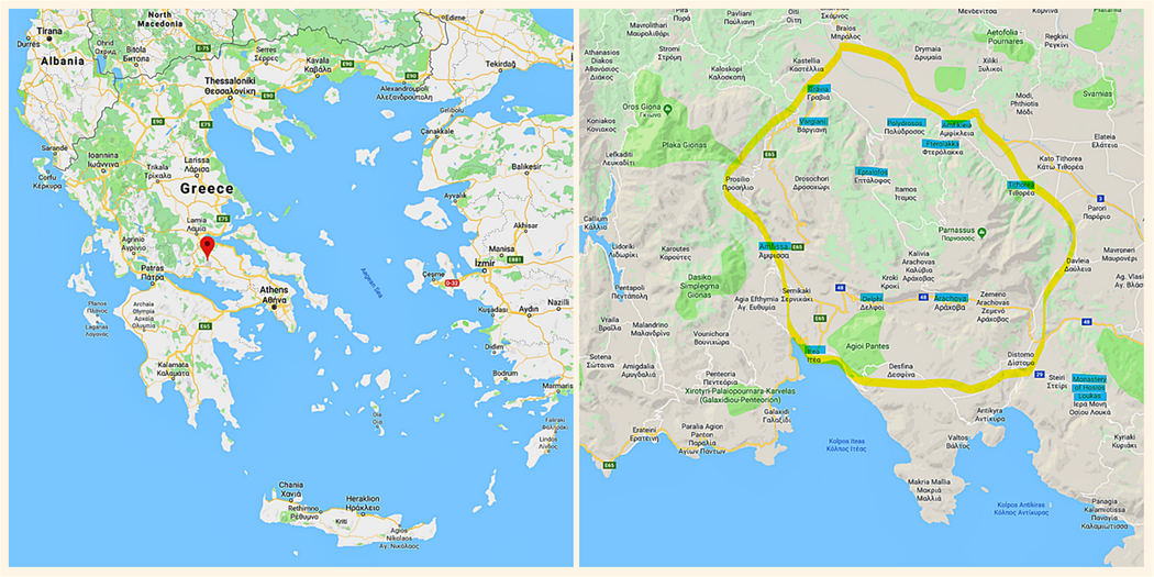The location of Mount Parnassus on the map of Greece (left). The 