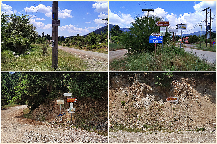 From Agoriani there are no signs to Corycian Cave (top left picture, shows the right turn into the dirt road).  From Arachova there are several signs (all three pictures) towards the Cave.