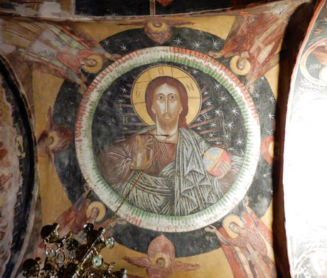 Frescos inside the one of the two smaller domes of the church of Saint Panteleimon Monastery.