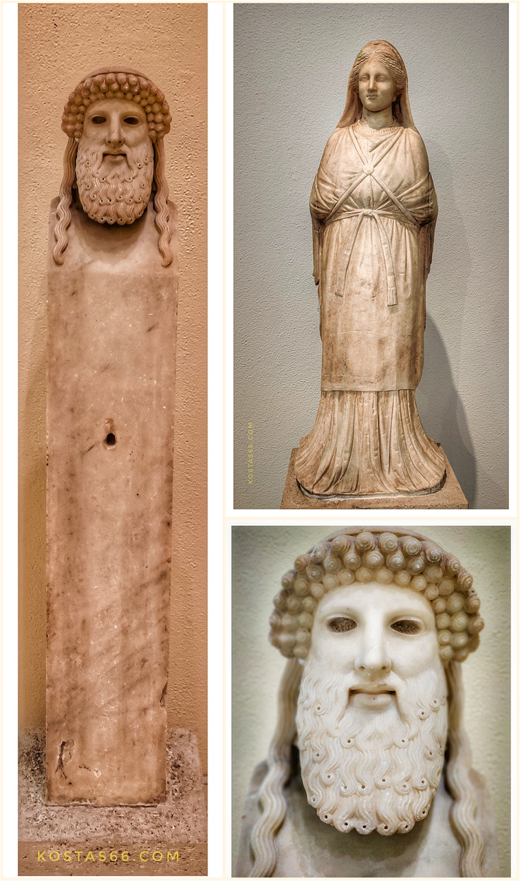 Statuate of Artemis Kindyas; The column-like of this eastern goddess is emphasised by the pose of the arms wrapped uo in the belted himation; 1st c.BC (top right). A Herme; the archaistic sculptural type reproduces the Hermes Propylaios by Alkamenes; the eyes and the male member separately inset; probably one of the two boundary stones of a sanctuary; about 100BC (left & bottom right).