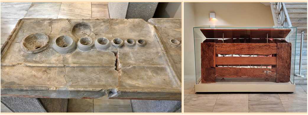 A sekomata used to measure standard quantities of liquids; from the agora of Piraeus (left). A 4th century BC wooden coffin from Aigaleo (right).