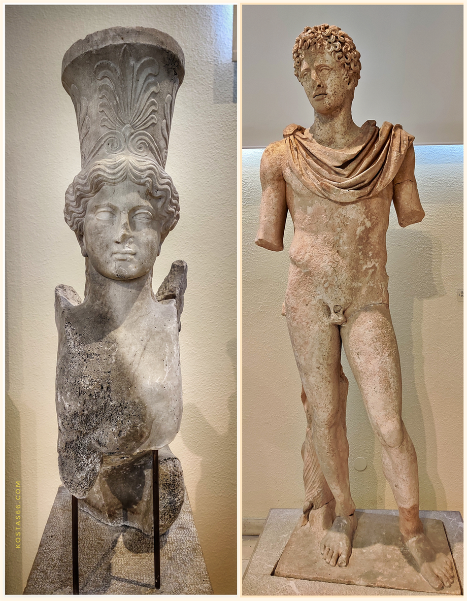 The sphinx found with the sculptured plaques above as cargo of wrecked ship (left). Statue of a naked touth from Kephissia; copy of the original; mid-2nd c.AD (right).