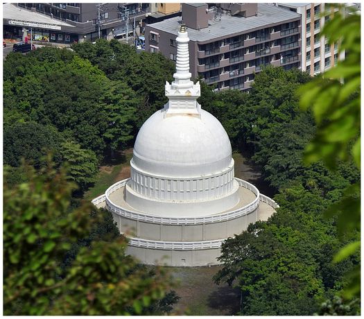 Sapporo Peace Pagoda seen from the summit observation deck of Mount Moiwa.
