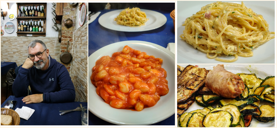 “A’ Tiella e patrizia e Ninona”. Gnocchi alla sorrentina (middle), spaghetti carbonara and italian salsiccia with fried zucchini (right).