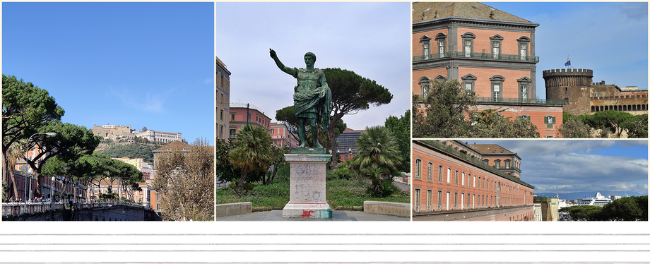 Cesario Console park above the road (left). Statua di Augusto(middle). The Palazzo Reale and Castel Nuovo (top right) and Palazzo Reale and Molosiglio Gardens (bottom right).