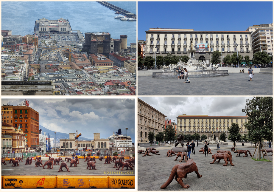 Piazza Municipio and Maritime Passenger Terminal in the background and Castel Nuovo on the right (top left). Piazza Municipio with Palazzo San Giacomo and Fontana del Nettuno (top right). The Maritime Passenger Terminal in the background (bottom left). Piazza Municipio and an artistic installation of wolfs (bottom right).