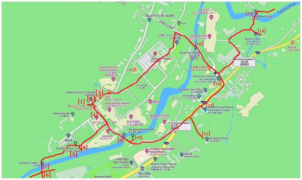A recommended walk around Jozankei Onsen. Bracketed numbers in red correspond to numbers in black in the text.