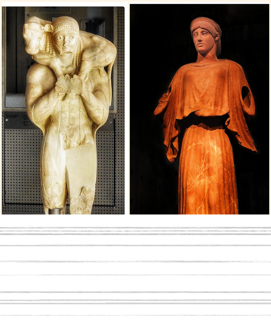 (Left) Moschophoros, commonly known as The Calf Bearer. It was excavated in fragments in the Perserschutt in the Acropolis of Athens in 1864. The statue, dated c. 560 BC and estimated to have originally measured 1.65 meters in height. (Right) Clay goddess Nike, possibly decorative element from the roof of a building (acroterion) (1st-3rd c. AD).
