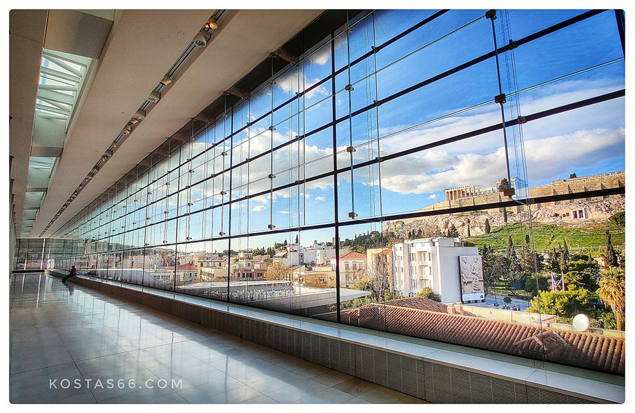 At the top of the museum is the Parthenon Hall, where all the sculptures of the monument are preserved in Athens. Transparent glass panels allow direct visual contact with the architectural monument from which they originate while simulating the original lighting conditions of the sculptures. Panoramic views of much of Athens are possible from this room.
