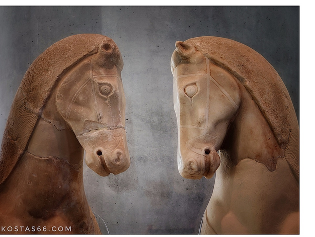Two of the four horses of the metope of the Hekatompedon temple (circa 570 B.C).