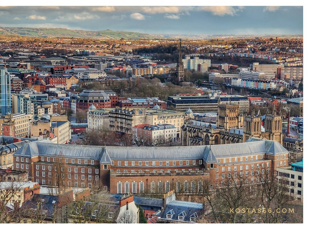 College Green seen from Cabot Tower. The City Council building seen in the foreground and Bristol Cathedral on the right.