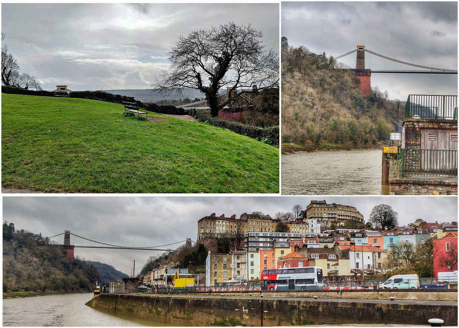 The Observation Hill (top left). The Bridge seen from Hotwell Road (top right). Hotwells and Clifton seen from Avon locks (bottom).