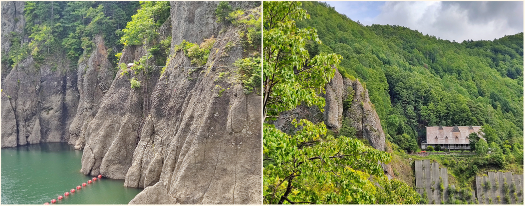 The steep rock slopes that surround Lake Jozan (left) and the Rest House (right).