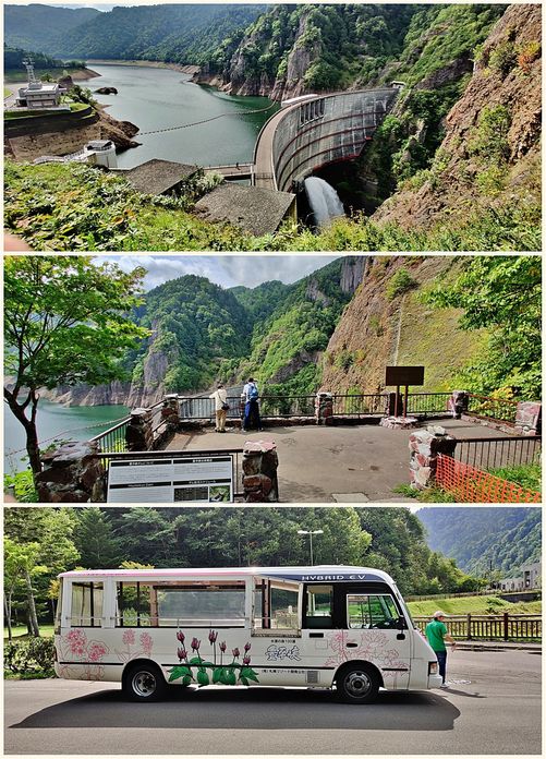 (top) Jozan Lake and Hoheikyo Dam. (middle) the Rest House deck. (bottom) the little electric bus.