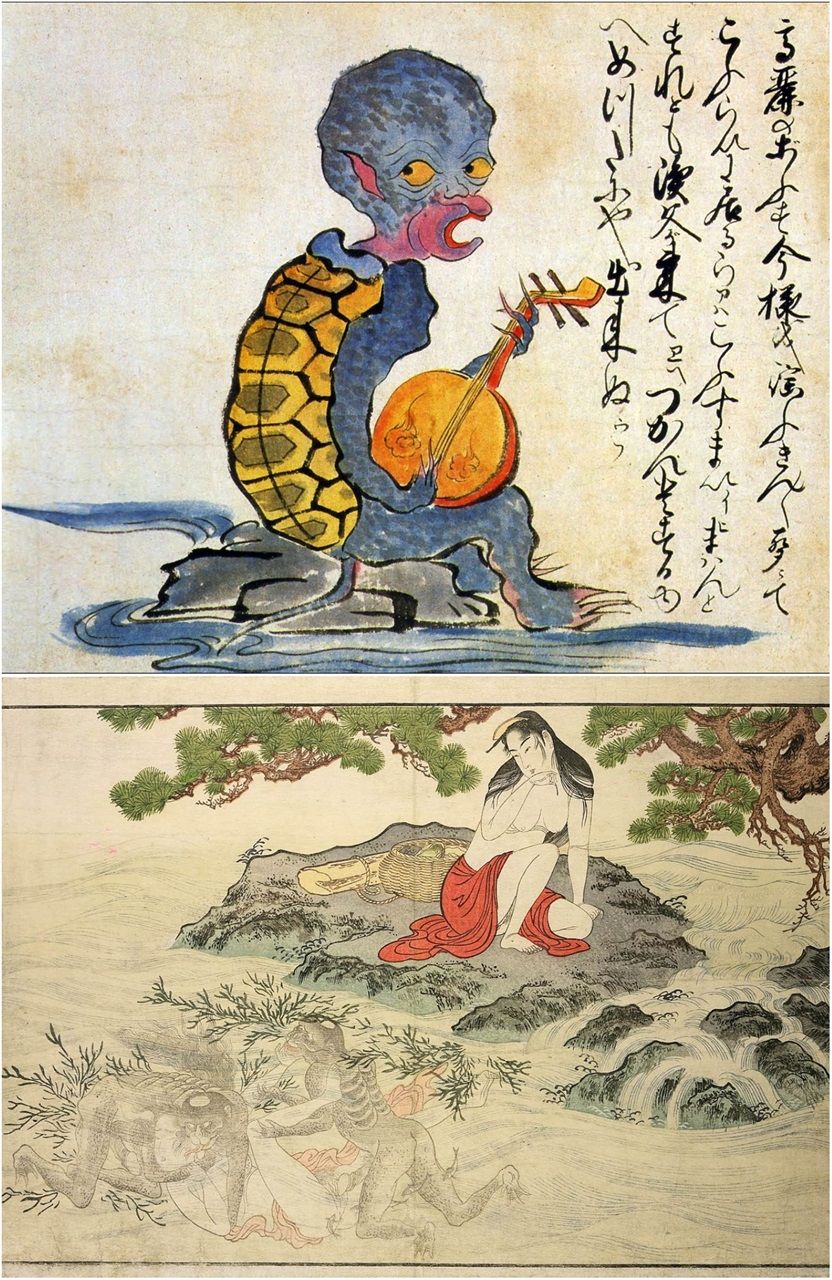 A kappa is an amphibious yōkai demon found in traditional Japanese folklore. (top) Kappa-like yokai seen singing and playing a gekkin (Chinese Moon guitar). (bottom) A kappa rapes an ama diver underwater in a print from Utamaro's Utamakura.