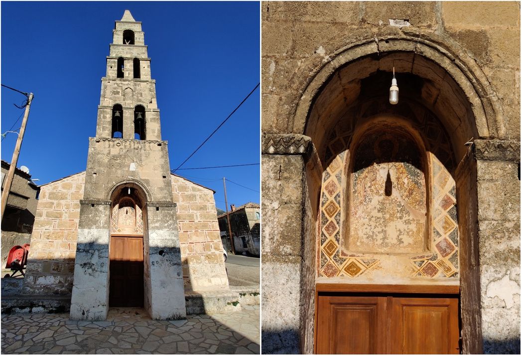 The bell-tower and entrance of the church of Agios Nikolaos in Proastio.