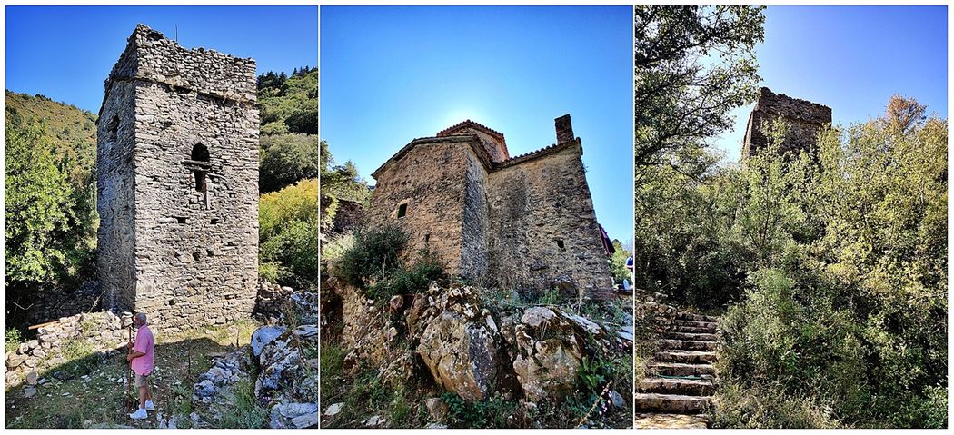 Τhe 'Monastery of Saint Samouel'. The defensive tower (left & right), the katholikon (middle) and the steps leading to the monastery (right).