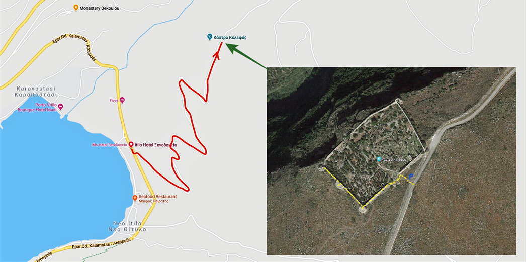 The road to Kelefas castle (red line) and the walk on the castle walls (yellow dotted line).