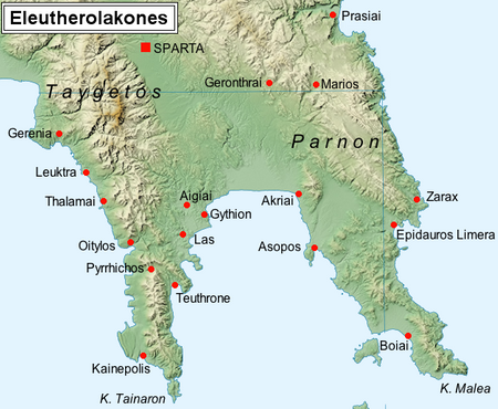 Map of the cities (red dots) which constituted The League of Free Laconians.